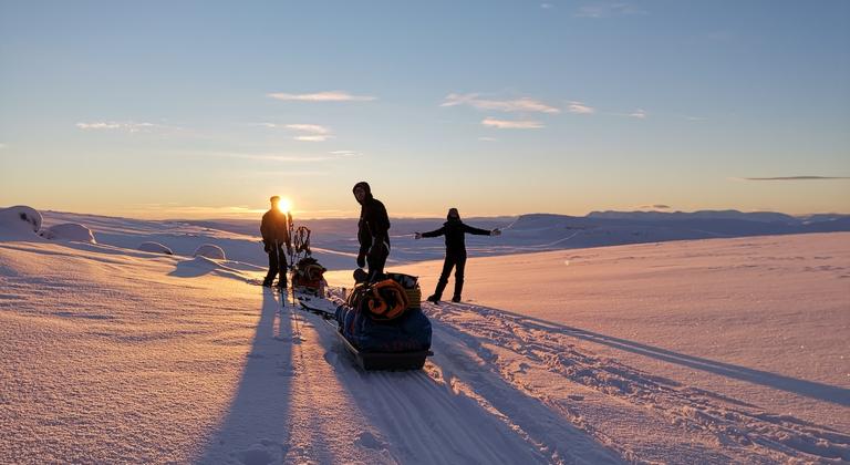 Guided Arctic ski expedition in Lapland – explorers glide through snowy wilderness pulling sleds with gear.