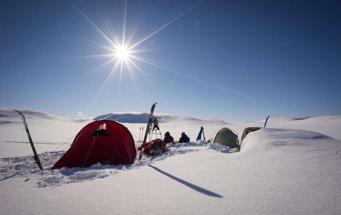 Sunny Arctic campsite with tents and skis in a snowy Lapland wilderness.